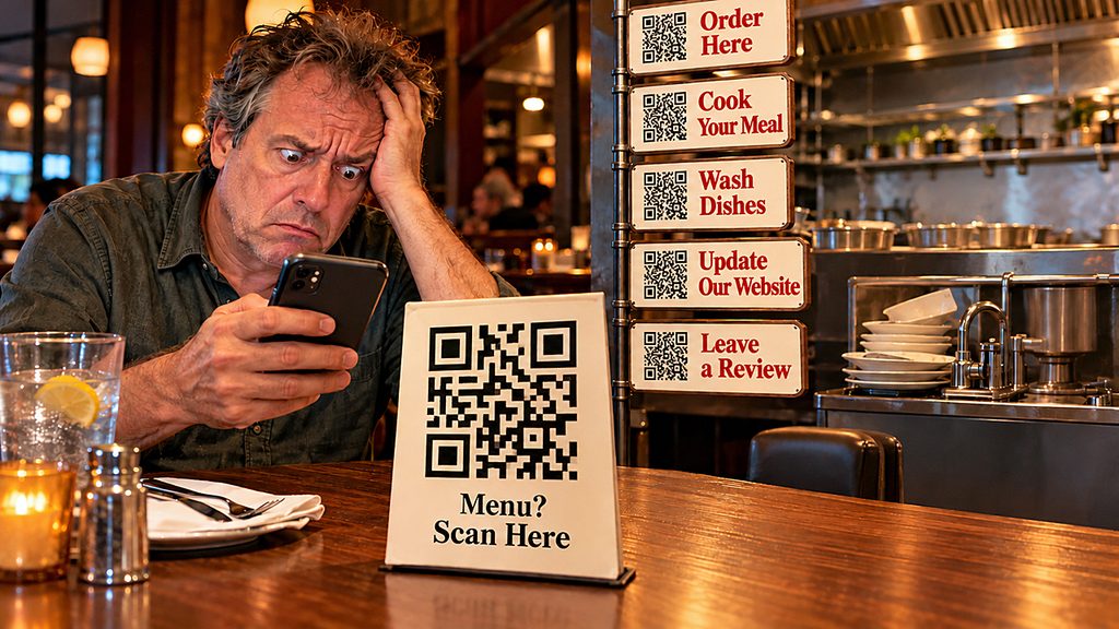 QR code restaurant use shows a frustrated diner scanning menus while signs instruct customers to cook meals, wash dishes, update websites, and leave reviews.