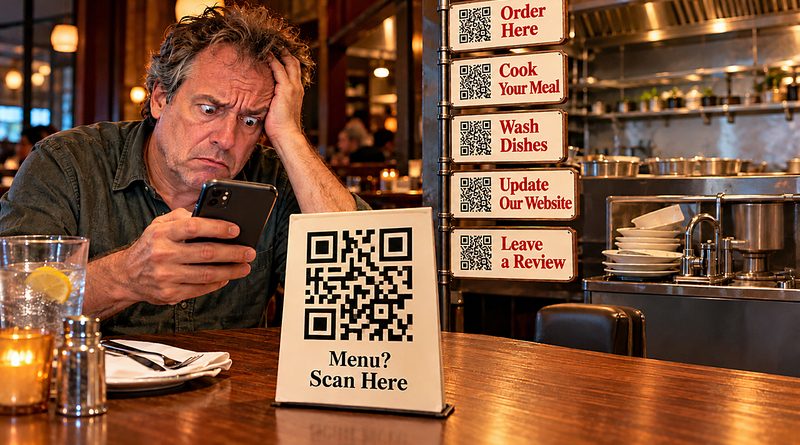 QR code restaurant satire shows a frustrated diner scanning menus while signs instruct customers to cook meals, wash dishes, update websites, and leave reviews.