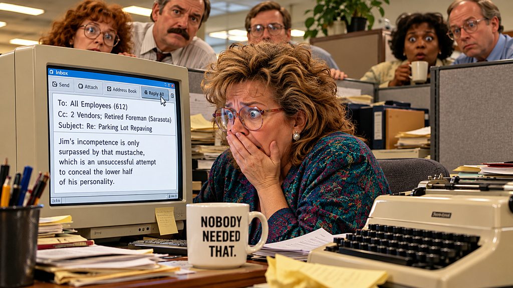 Reply All Remorse Day illustration shows a horrified office worker discovering her insulting email reached 612 employees as stunned coworkers look on.