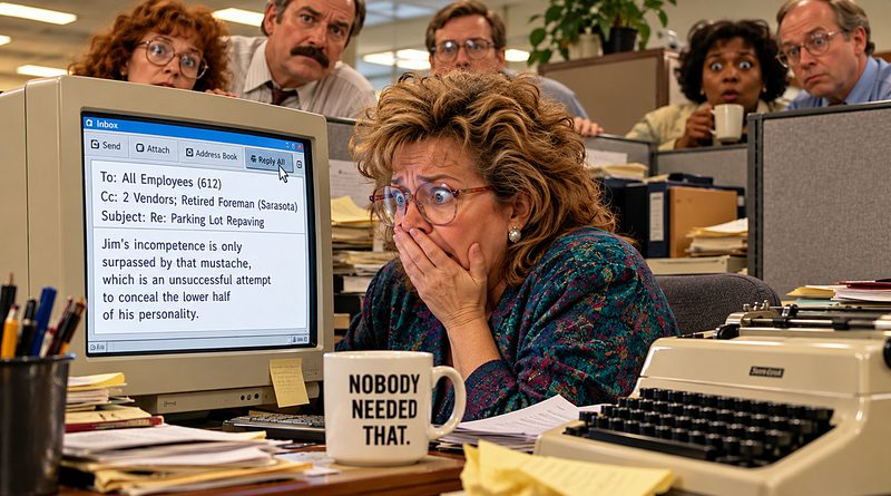 Reply All Remorse Day illustration shows a horrified office worker discovering her insulting email reached 612 employees as stunned coworkers look on.