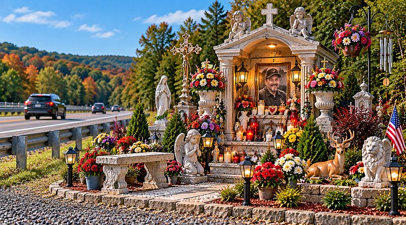 Roadside memorial resembling a miniature mausoleum overflows with flowers, angels, candles, statues, solar lights, and lavish landscaping beside a Pennsylvania highway.
