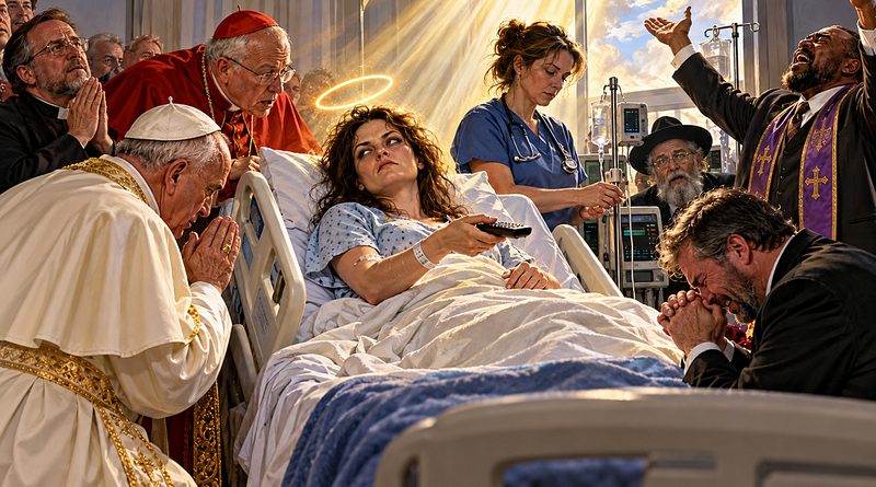 Pope Leo XIV kneels beside Christa Pike's hospital bed as religious leaders marvel at her miraculous survival while an unimpressed nurse tends to her care.