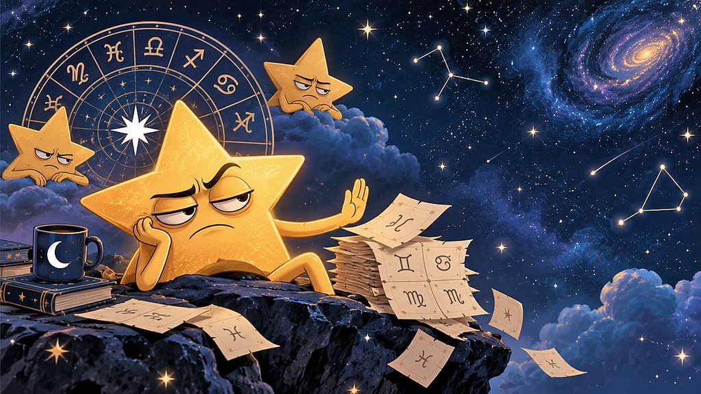 Satirical horoscopes illustration of three fed-up stars ignoring zodiac forecasts, with a golden star waving away its pile of astrological predictions in space.