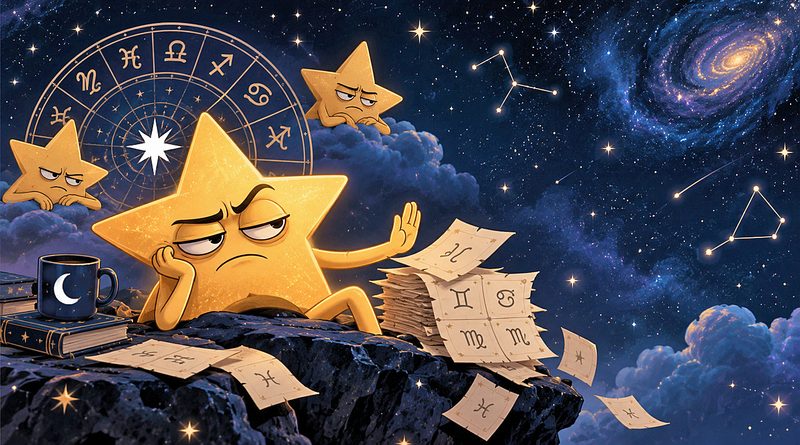 Satirical horoscopes illustration of three fed-up stars ignoring zodiac forecasts, with a golden star waving away its pile of astrological predictions in space.