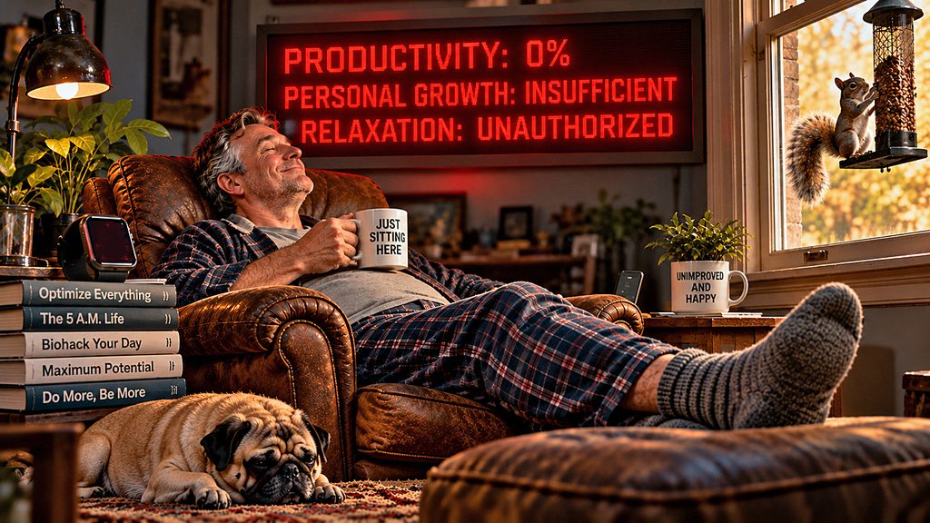 The self-improvement industry monitors a contented man relaxing with coffee and his sleeping pug, while a glowing scoreboard declares his relaxation unauthorized.