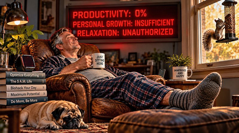 The self-improvement industry monitors a contented man relaxing with coffee and his sleeping pug, while a glowing scoreboard declares his relaxation unauthorized.