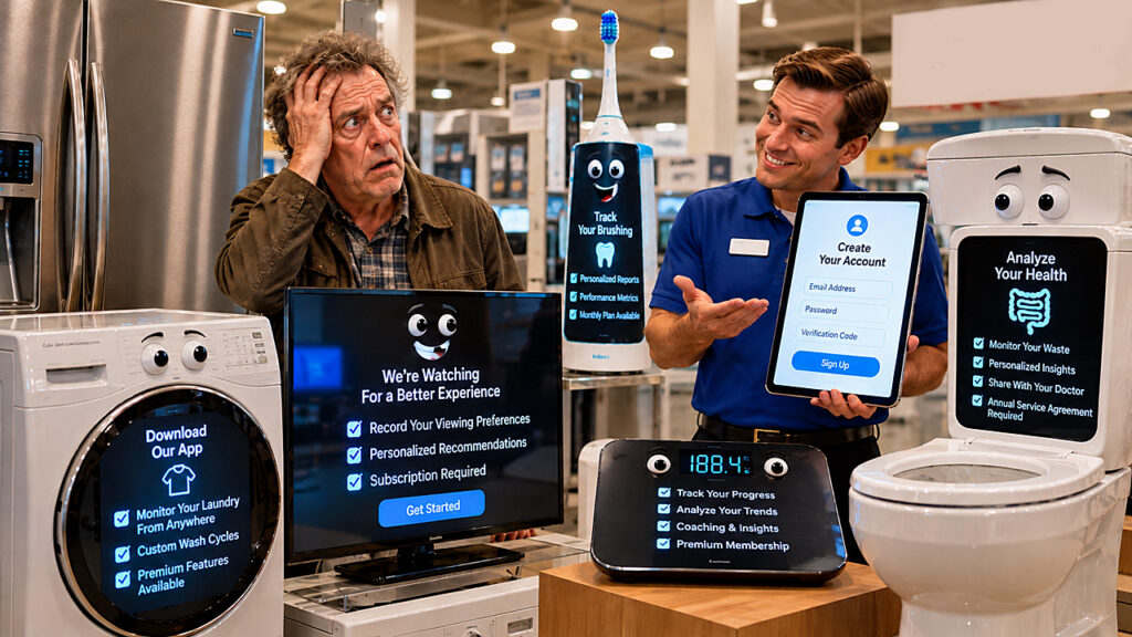 Smart appliances overwhelm a bewildered shopper as a salesman pitches subscription plans for talking washers, TVs, toothbrushes, and toilets.