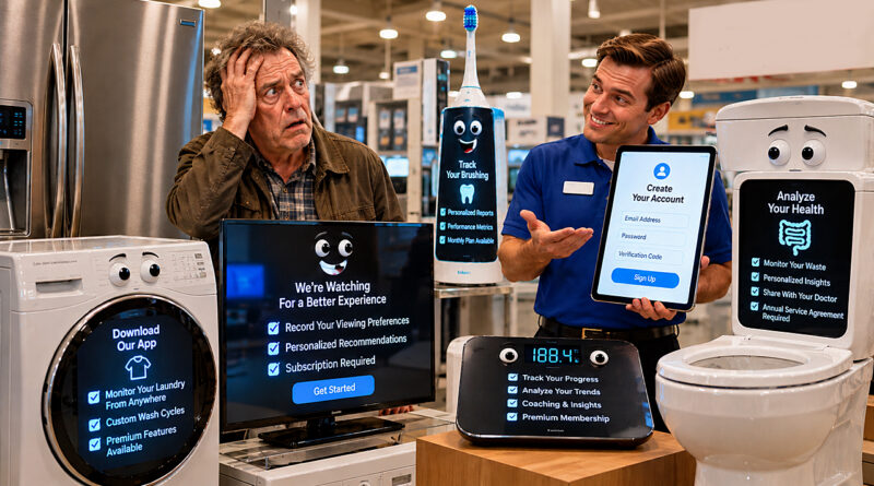 Smart appliances overwhelm a bewildered shopper as a salesman pitches subscription plans for talking washers, TVs, toothbrushes, and toilets.