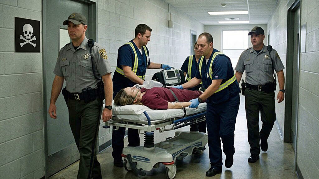Tennessee Department of Corrections officers and medics wheel an inmate on a gurney down a cinderblock hall past a skull sign.