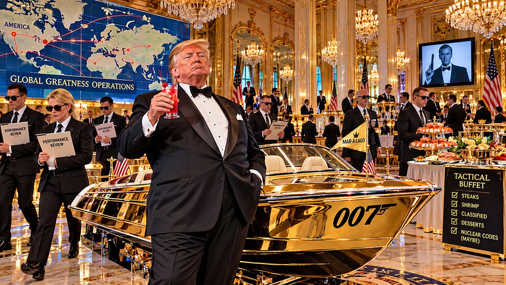 James Bond Movies get a Trump makeover at Mar-a-Lago, where the president poses with a Shirley Temple beside a gold 007 speedboat in a lavish spy headquarters.