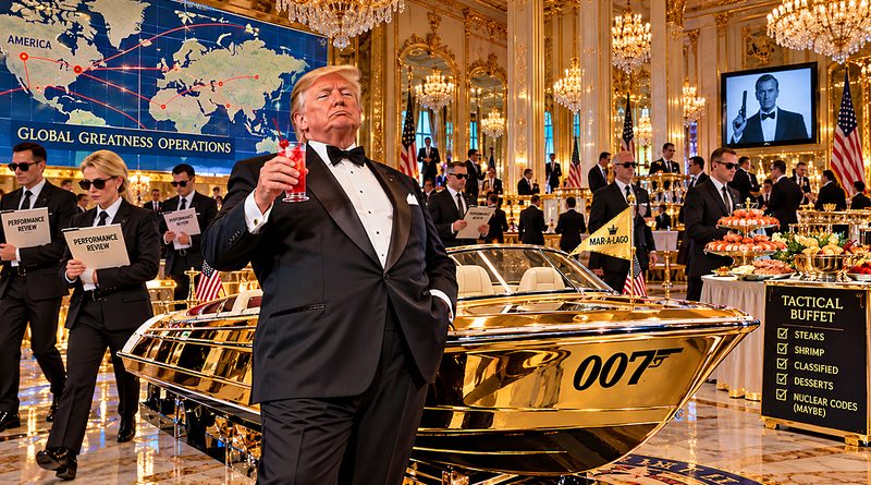 James Bond Movies get a Trump makeover at Mar-a-Lago, where the president poses with a Shirley Temple beside a gold 007 speedboat in a lavish spy headquarters.