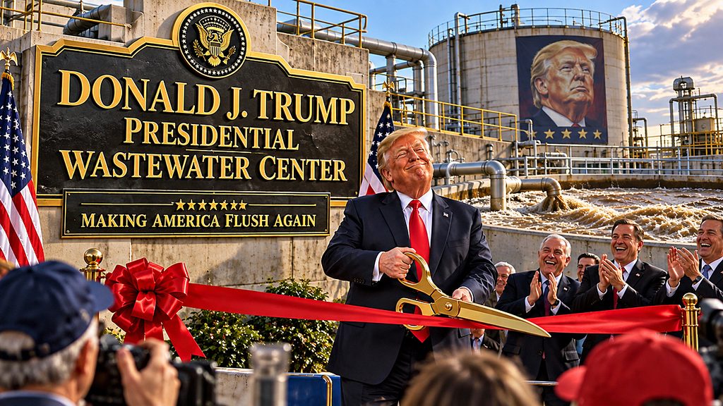 Trump Commission celebrates a wastewater plant renaming as Donald Trump cuts a ribbon before a gold sign proclaiming Making America Flush Again.