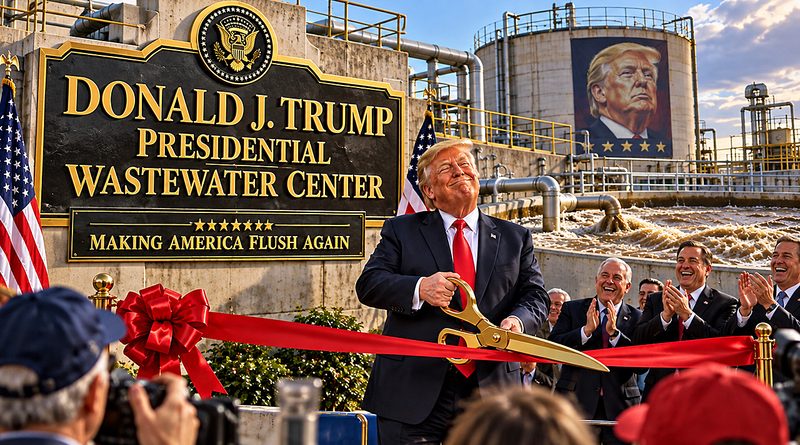 Trump Commission celebrates a wastewater plant renaming as Donald Trump cuts a ribbon before a gold sign proclaiming Making America Flush Again.