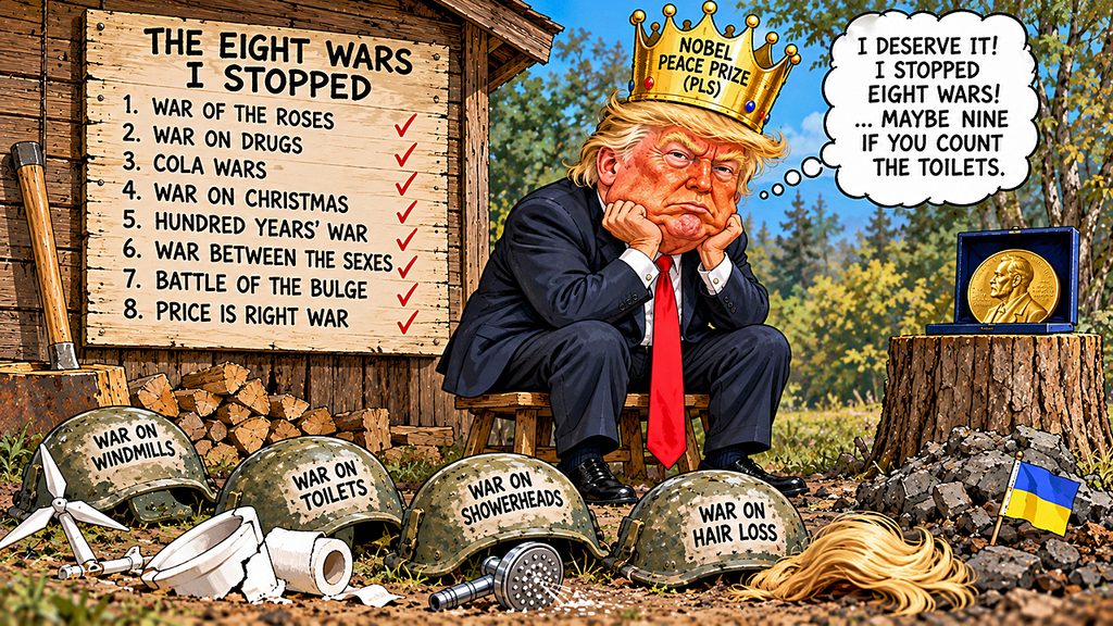 President Trump sulks beneath a Nobel Peace Prize crown, surrounded by helmets marking his wars and a wooden scoreboard celebrating eight imaginary victories.