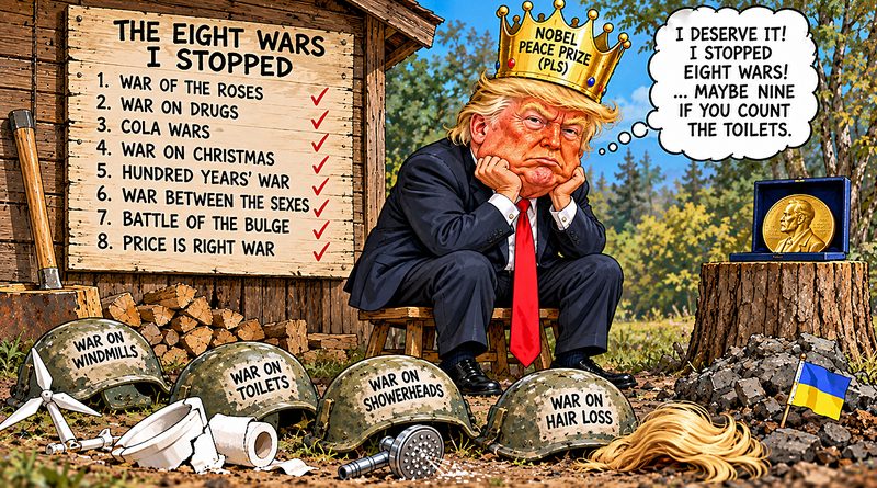 President Trump sulks beneath a Nobel Peace Prize crown, surrounded by helmets marking his wars and a wooden scoreboard celebrating eight imaginary victories.