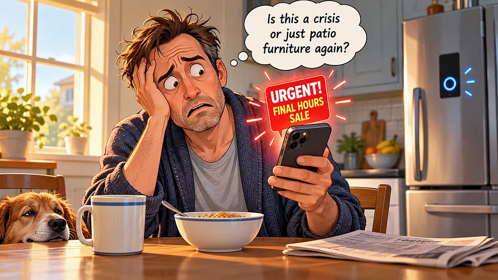 Urgent alerts overwhelm a bleary-eyed man at breakfast as his phone announces a sale, leaving him wondering whether patio furniture is a crisis.