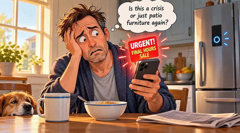 Urgent alerts overwhelm a bleary-eyed man at breakfast as his phone announces a sale, leaving him wondering whether patio furniture is a crisis.