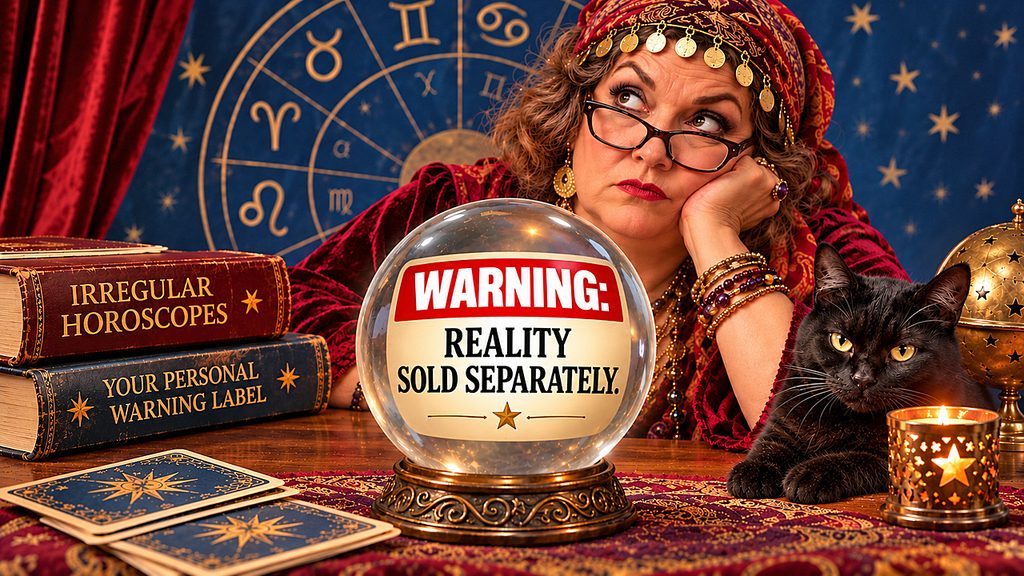 Warning Label horoscope illustration featuring a bored fortune teller, black cat, tarot cards, and crystal ball reading “Reality Sold Separately.”