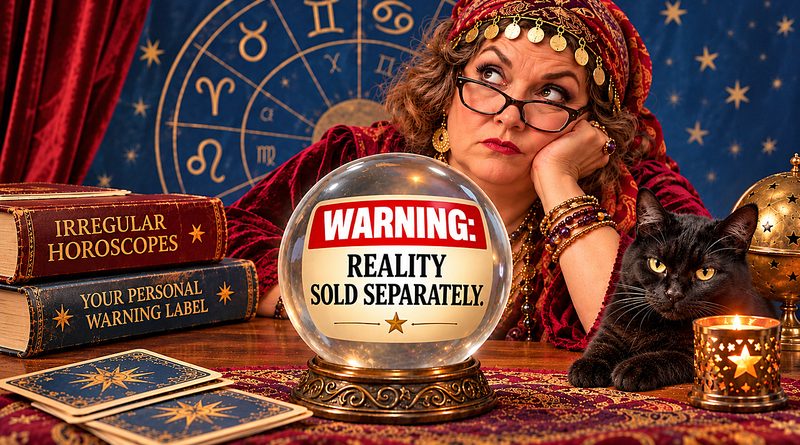 Warning Label horoscope illustration featuring a bored fortune teller, black cat, tarot cards, and crystal ball reading “Reality Sold Separately.”